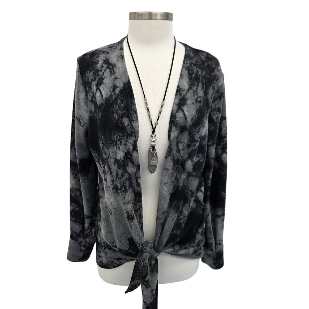 Colleen Lopez Women Open Front Tie Dye Long Sleeve Cardigan Sweater Black Gray M